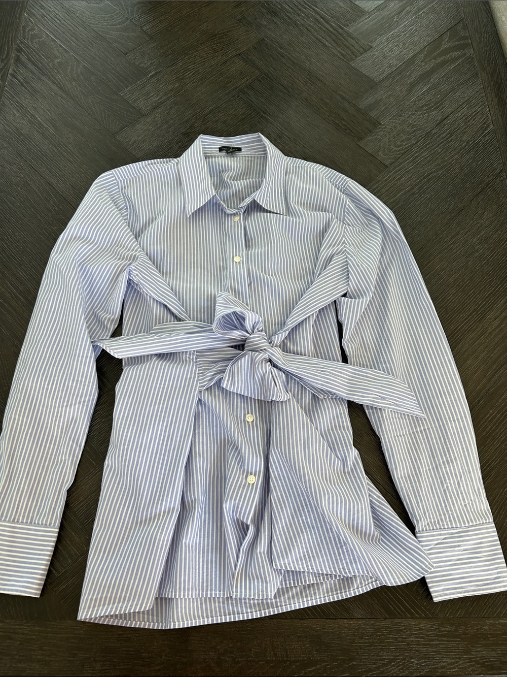 Ann Taylor Blue and White Striped Tie-Waist Button-Down Shirt